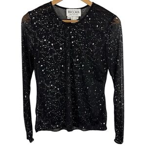 Vintage 90s Sheer Mesh Long Sleeve Top Womens M Black Metallic Splatter Lace EUC